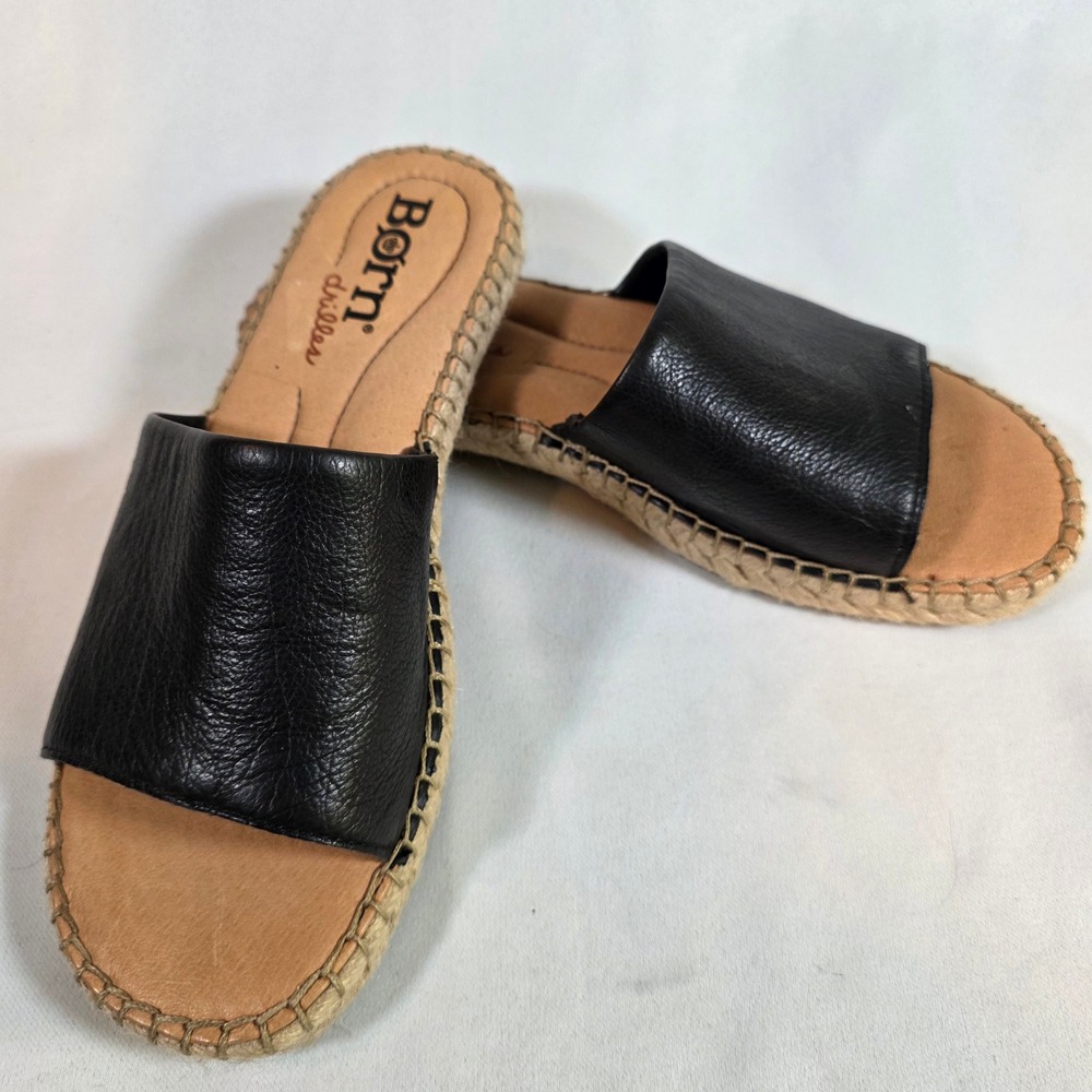 BORN Drilles Black Leather Espadrille Slide‎ Sandals Womens 8M - Picture 4 of 6